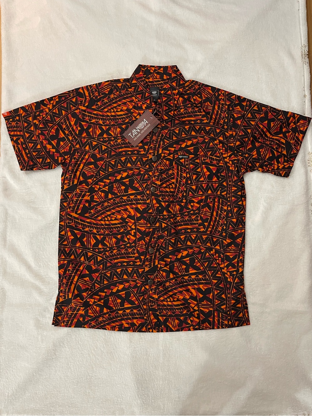 TANOA HAWAII Orange, Black, & Red Tribal Short-Sleeve Button-Down Shirt
